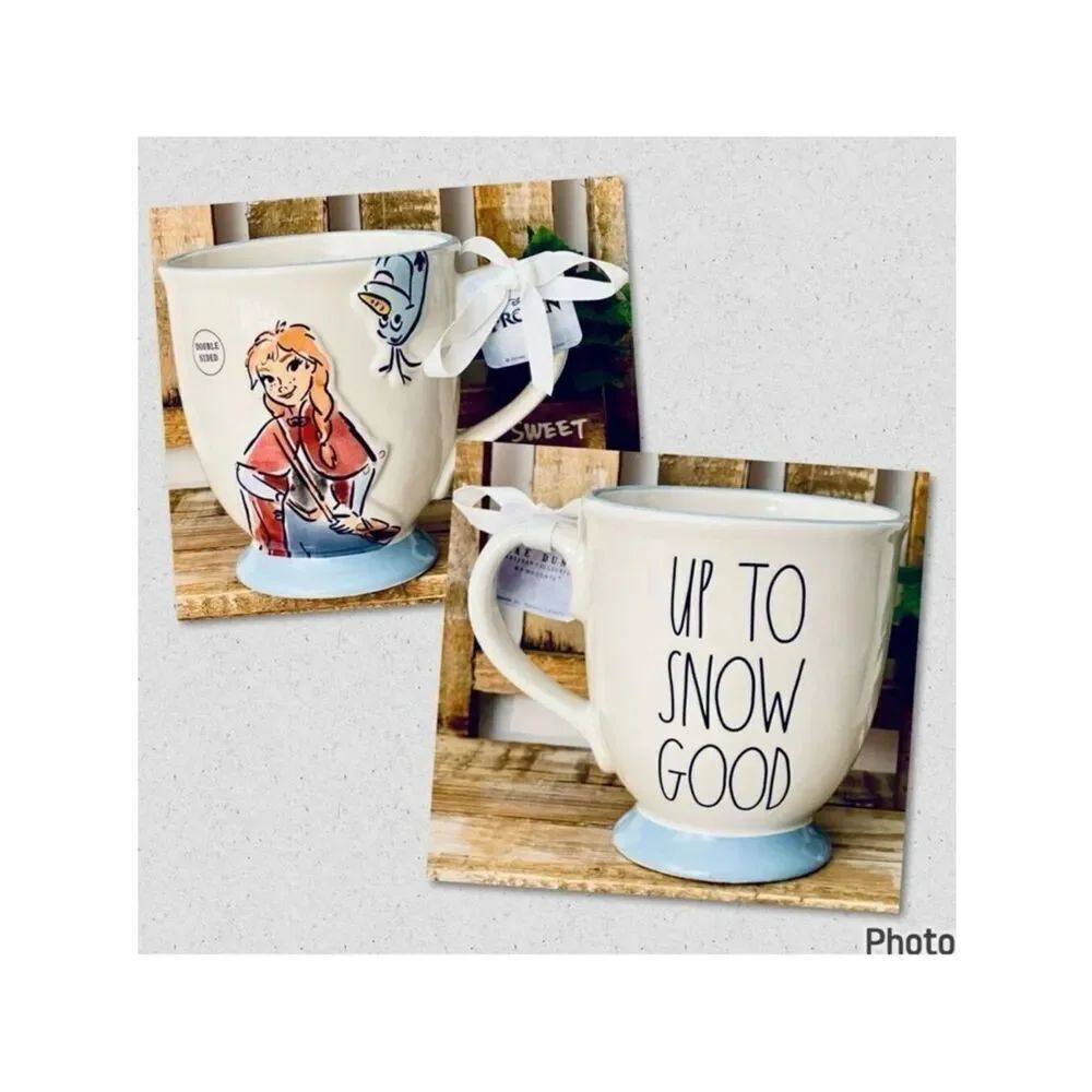NWT Rae Dunn 3D Frozen Anna UP TO SNOW GOOD Blue & White Glossy Ceramic big Mug